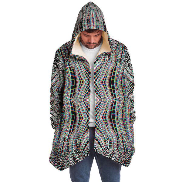 Organix Micro Fleece Cloak, Hooded Wearable Art, Psychedelic Festival Layer — front — hood raised