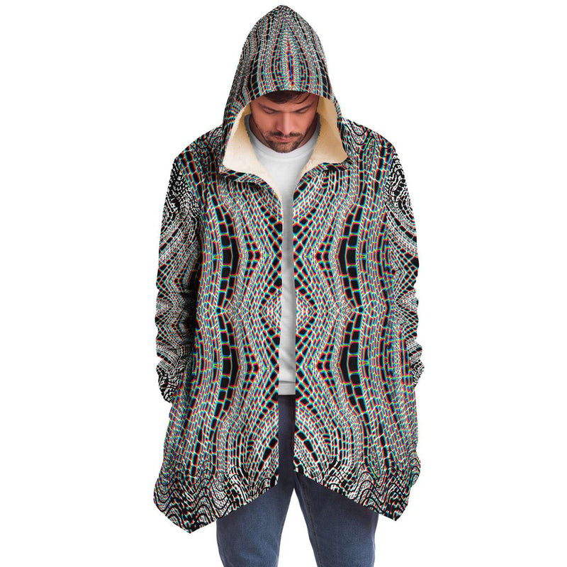 Organix Micro Fleece Cloak, Hooded Wearable Art, Psychedelic Festival Layer — front — hood raised