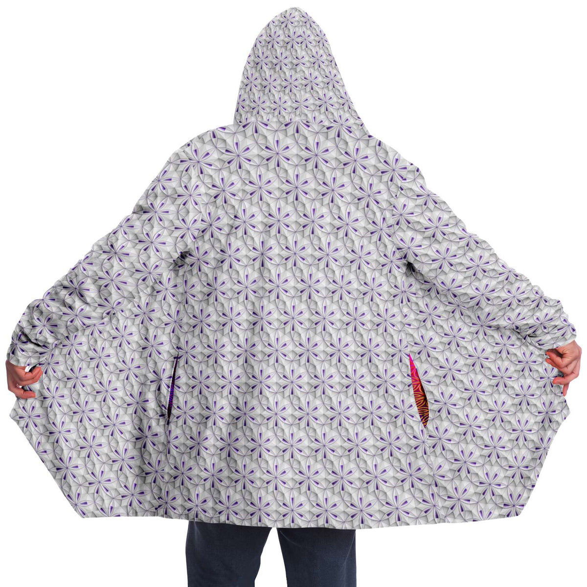 Flower of Life II Micro Fleece Cloak, Hooded Wearable Art, Psychedelic Festival Layer — front — hood raised