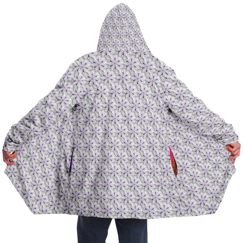 Flower of Life II Micro Fleece Cloak, Hooded Wearable Art, Psychedelic Festival Layer — front — hood raised