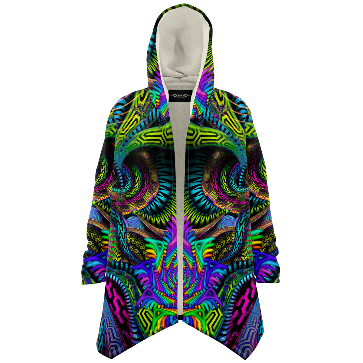 Primordial Micro Fleece Cloak, Hooded Wearable Art, Psychedelic Festival Layer — front — hood raised