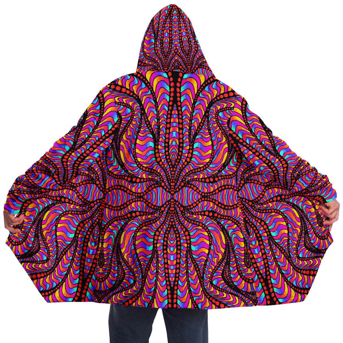 Psychic Serpent Micro Fleece Cloak, Hooded Wearable Art, Psychedelic Festival Layer — front — hood raised