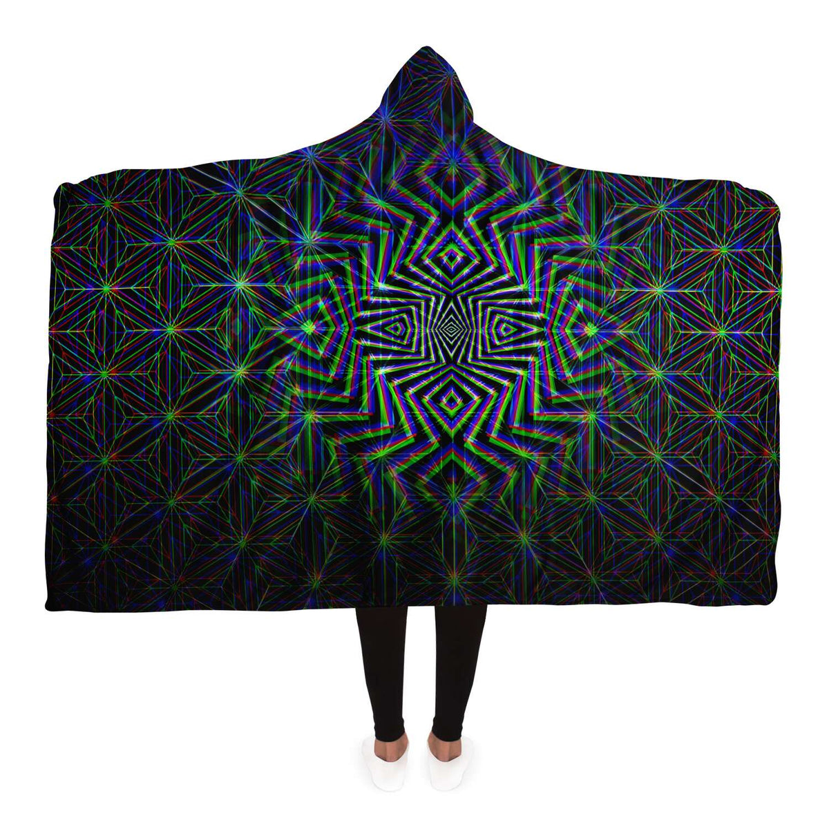 Starseed Hooded Blanket, Crystalline Starburst Sherpa Throw, Cosmic Meditation Gift, Neon Sacred Geometry Blanket