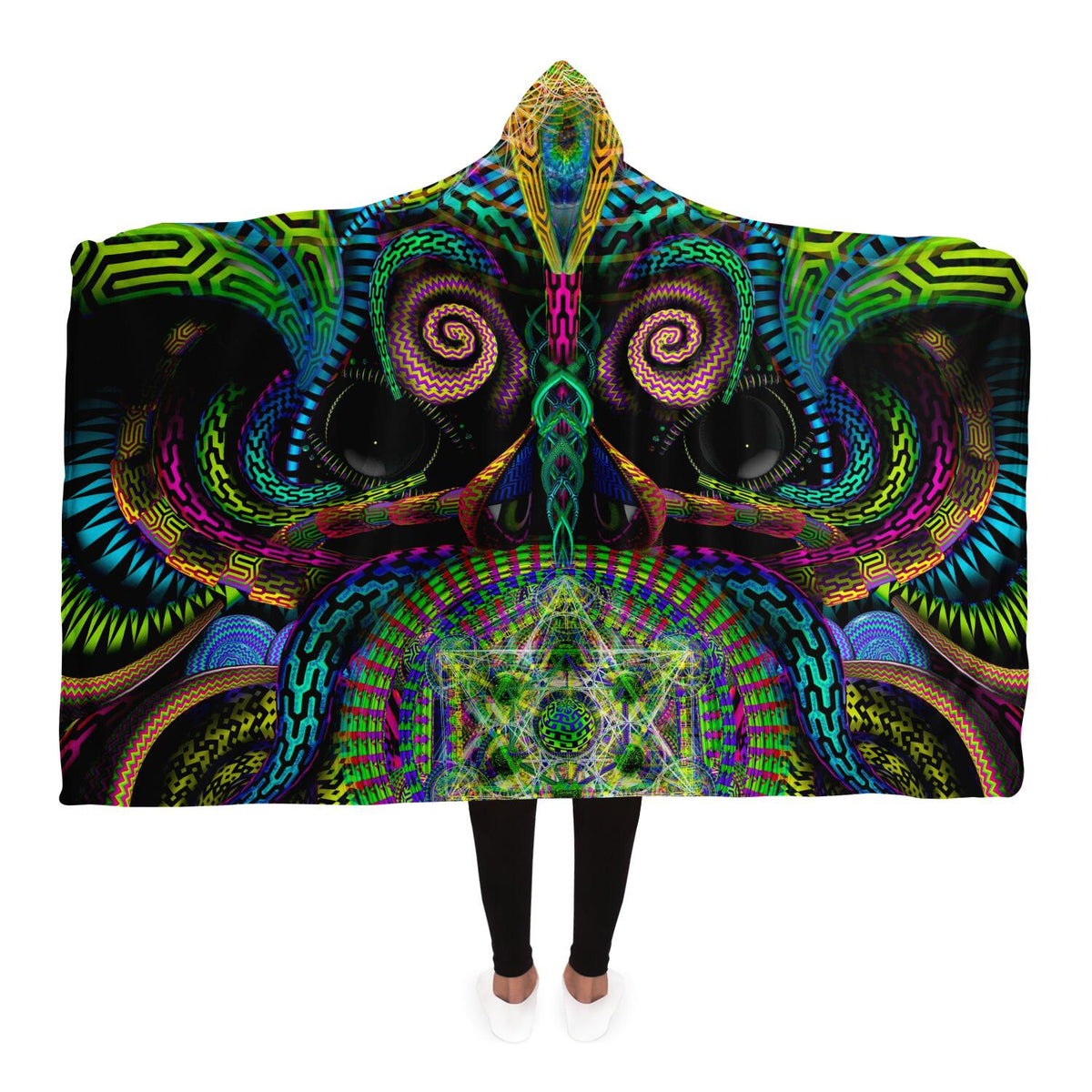 Primordial Presence Hooded Blanket, Cosmic Mask Neon Sherpa Throw, Visionary Spiritual Gift, Ancient Sacred Geometry Blanket