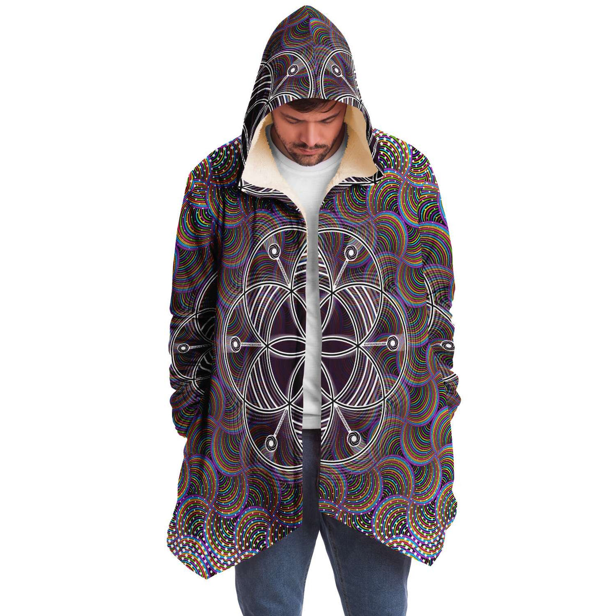 Sacred Seed Micro Fleece Cloak, Hooded Wearable Art, Psychedelic Festival Layer — front — hood raised