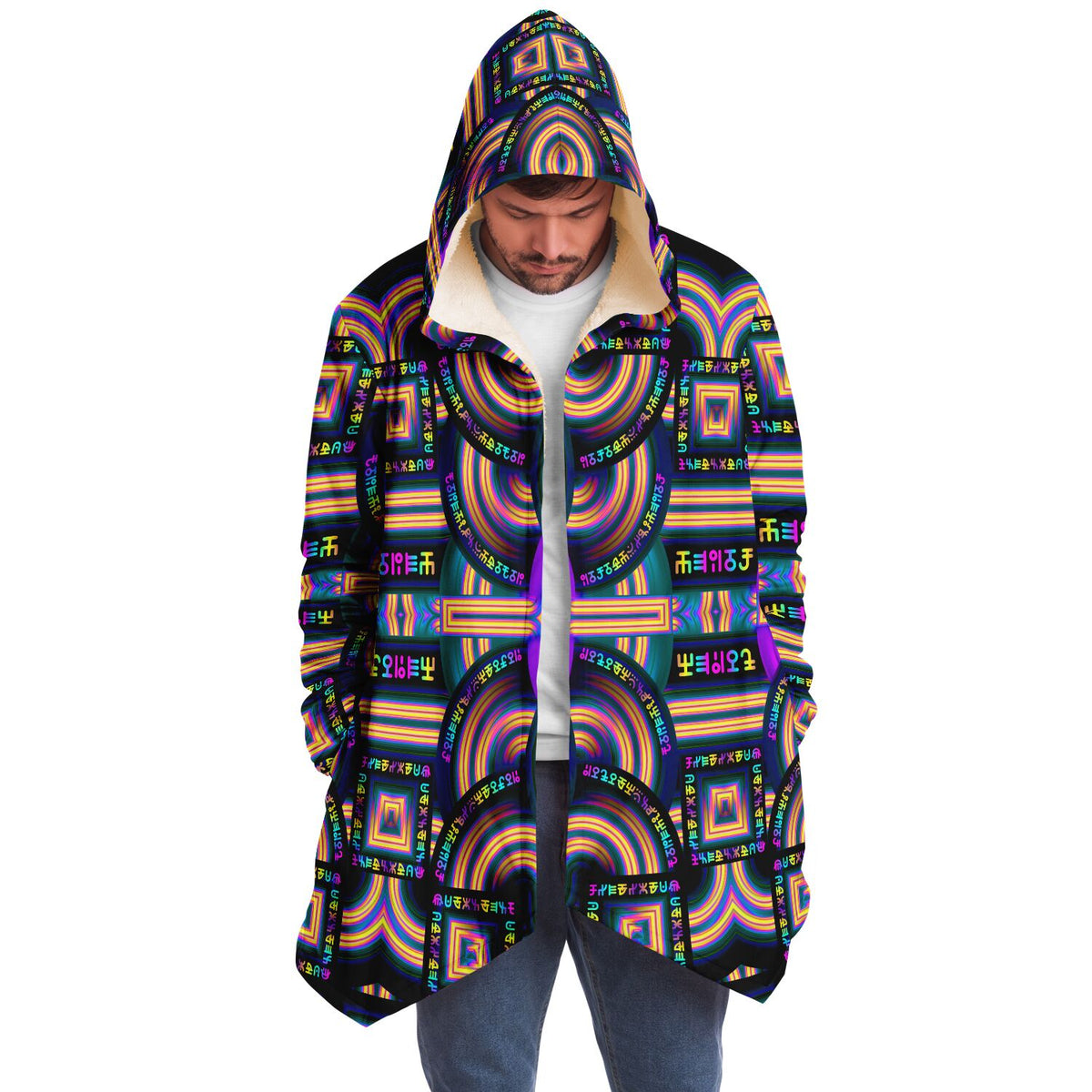 Tea Daze Micro Fleece Cloak, Hooded Wearable Art, Psychedelic Festival Layer — front — hood raised