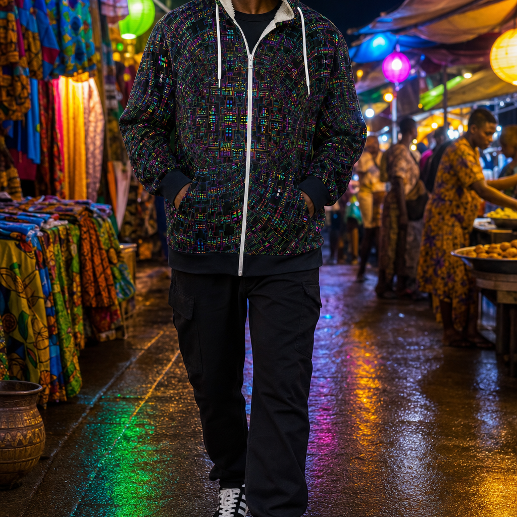 Adinkratek Microfleece Ziphoodie — colourful high-contrast lifestyle hero