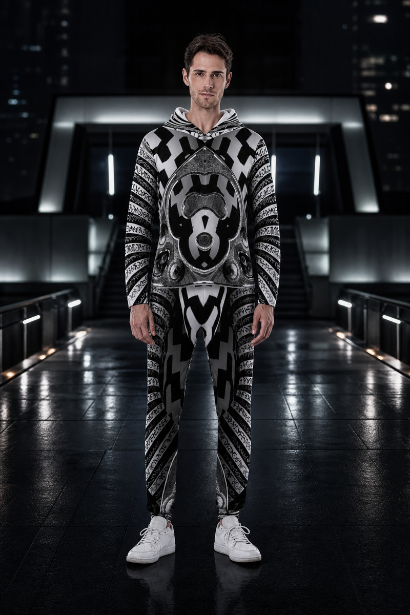 Hypnotica, Men's Hooded Jumpsuit, Festival Onesie, Wearable Art — lifestyle view 01 — 01-front-hero