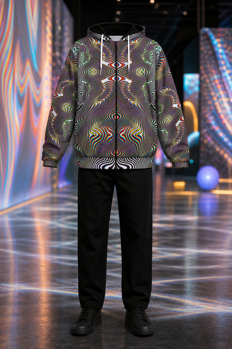 Prismatic Frequency Micro Fleece Zip Up Hoodie — lifestyle view 01 — 01-front-hero