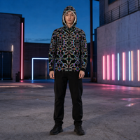 Prismatic Grid Micro Fleece Zip Hoodie — lifestyle front, hood up