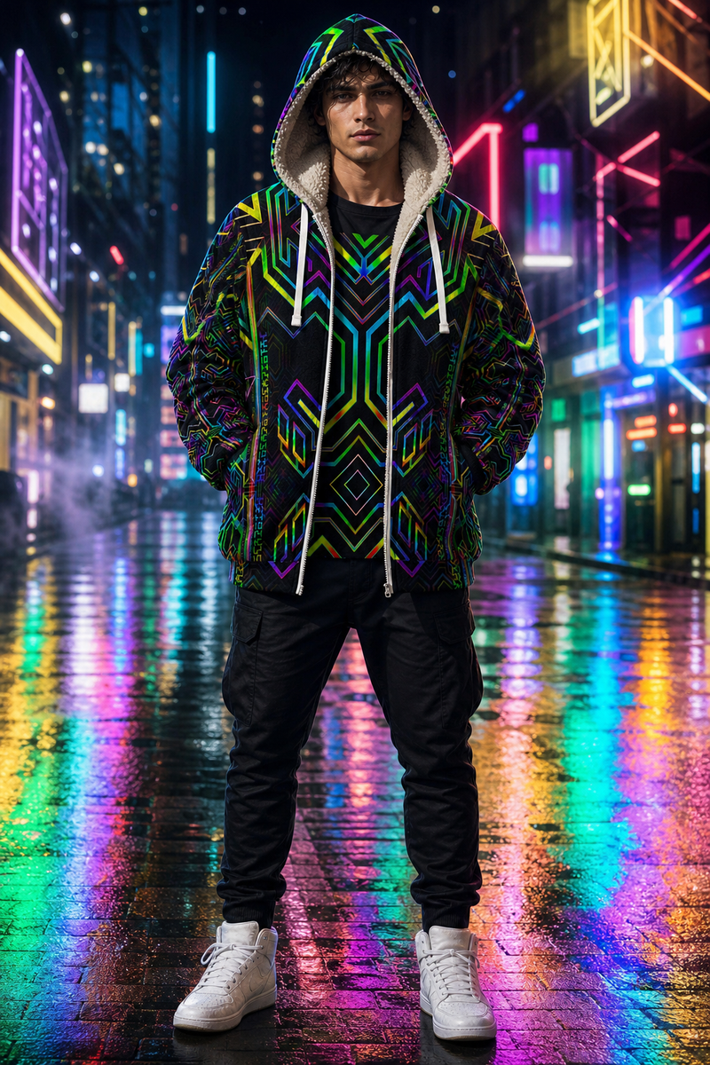 Tryptek III Microfleece Ziphoodie — neon city front lifestyle view