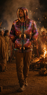 I Will Not Fear Micro Fleece Hoodie — firelit gathering front lifestyle view
