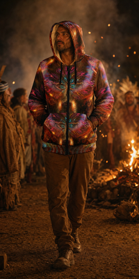I Will Not Fear Micro Fleece Hoodie — firelit gathering front lifestyle view