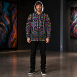 Rainbow Tribe Microfleece Zip-up Hoodie — front, hood up lifestyle view