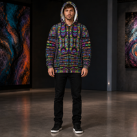 Rainbow Tribe Microfleece Zip-up Hoodie — front, hood up lifestyle view