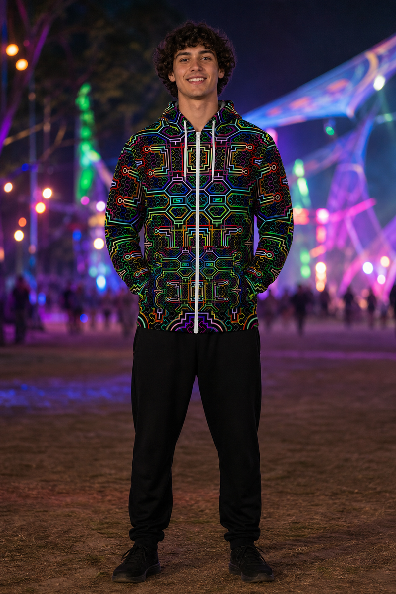 Icaro Unisex Athletic Hoodie, Psychedelic Zip Up Festival Hoodie, Neon Visionary Art Rave Streetwear Jacket lifestyle 1