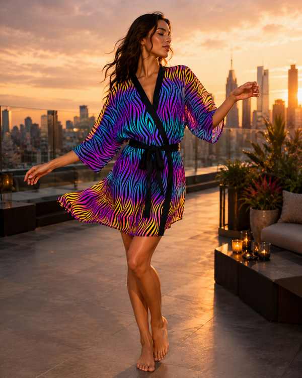 Approved lifestyle | Xenowave Kimono Robe, Psychedelic Festival Kimono, Luxury Art Robe, Neon Zebra Cover Up, Gallery Wear, Handmade in Canada | view 01 | 01_front_hero.png