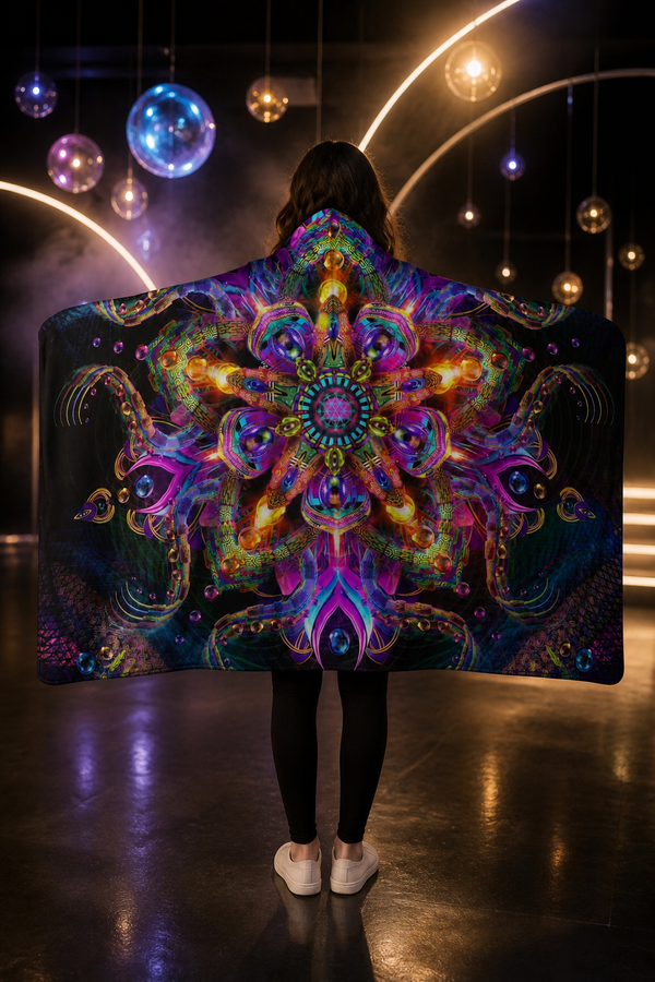 Approved lifestyle | Asteroidea Venusia Hooded Blanket | Cosmic Mandala Wearable Throw | view 01 | 01_front_hero.png