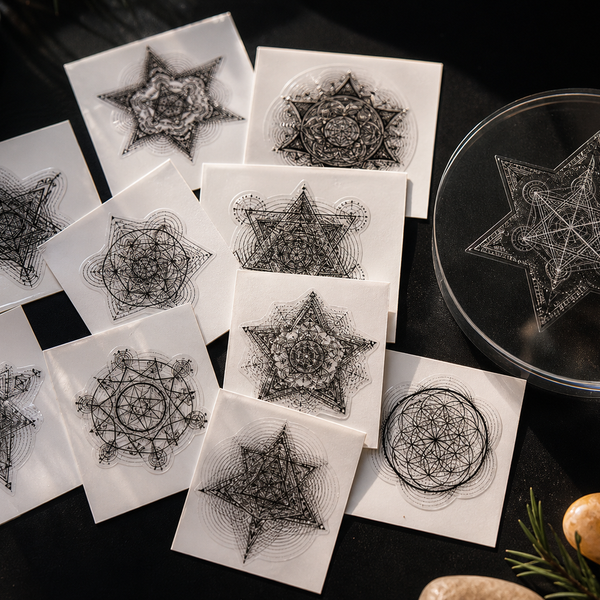 Transparent Sacred Geometry Sticker Pack, 10 Black Vinyl Decals, Mandala Merkaba Laptop Window Stickers lifestyle 1