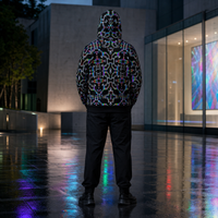 Prismatic Grid Micro Fleece Zip Hoodie — lifestyle back, hood up