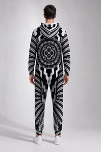 Hypnotica, Men's Hooded Jumpsuit, Festival Onesie, Wearable Art — lifestyle view 02 — 02-back-hood-up