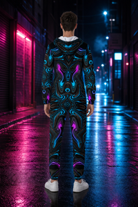 Liquid Sky Men's Hooded Jumpsuit / Bodysuit / Onesie — lifestyle view 02 — 02-back-hood-up