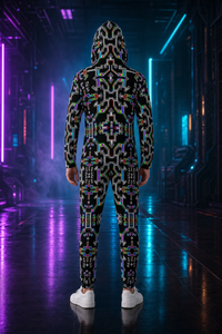 Prismatic Grid Men's Hooded Jumpsuit / Bodysuit / Onesie — lifestyle view 02 — 02-back-hood-up