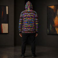 Rainbow Tribe Microfleece Zip-up Hoodie — back, hood up lifestyle view