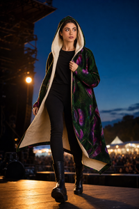 Bio Furnace Micro Fleece Cloak — lifestyle — festival stage hero — hood raised