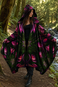 Bio Furnace Micro Fleece Cloak — lifestyle — forest movement — hood raised