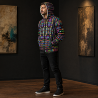 Rainbow Tribe Microfleece Zip-up Hoodie — wearer-right three-quarter lifestyle view