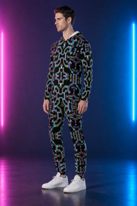Prismatic Grid Men's Hooded Jumpsuit / Bodysuit / Onesie — lifestyle view 03 — 03-wearer-right