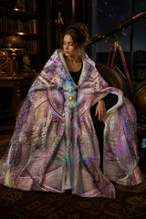 Approved lifestyle | Vitruvian Spirit Hooded Blanket, Chakra Figure Sacred Geometry Sherpa Throw, Visionary Art Gift, Esoteric Diagram Blanket | view 03 | 03_seated_context.png