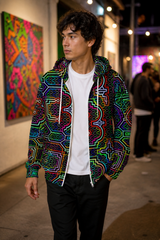 Icaro Unisex Athletic Hoodie, Psychedelic Zip Up Festival Hoodie, Neon Visionary Art Rave Streetwear Jacket lifestyle 3