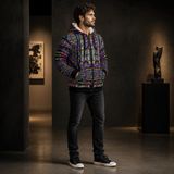 Rainbow Tribe Microfleece Zip-up Hoodie — wearer-left three-quarter lifestyle view