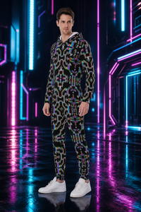 Prismatic Grid Men's Hooded Jumpsuit / Bodysuit / Onesie — lifestyle view 04 — 04-wearer-left