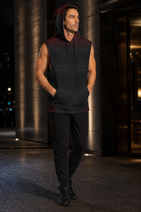 Geometrix, Hooded Tank Top, Sleeveless Festival Wear, Wearable Art — lifestyle view 04 — 04-wearer-left