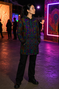 Lifestyle gallery — Prismatic Overlay Longline — wearer-left