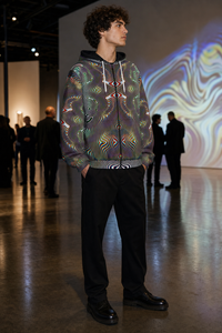 Prismatic Frequency Micro Fleece Zip Up Hoodie — lifestyle view 04 — 04-wearer-left