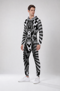 Hypnotica, Men's Hooded Jumpsuit, Festival Onesie, Wearable Art — lifestyle view 04 — 04-wearer-left