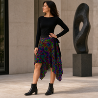 Prismatic Overlay Wrap Skirt — wearer-right three-quarter lifestyle view
