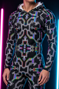 Prismatic Grid Men's Hooded Jumpsuit / Bodysuit / Onesie — lifestyle view 05 — 05-construction-detail