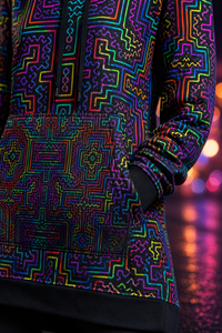 Lifestyle gallery — Prismatic Overlay Longline — hood pocket hem detail