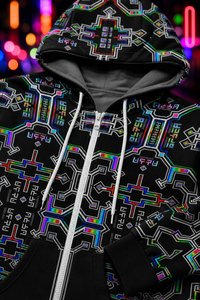 Lifestyle gallery — Prismatic Grid — zip hood pocket detail
