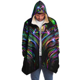 Enchanted Essence Micro Fleece Cloak, Hooded Wearable Art, Psychedelic Festival Layer — back spread — hood raised