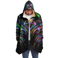 Enchanted Essence Micro Fleece Cloak, Hooded Wearable Art, Psychedelic Festival Layer — back spread — hood raised