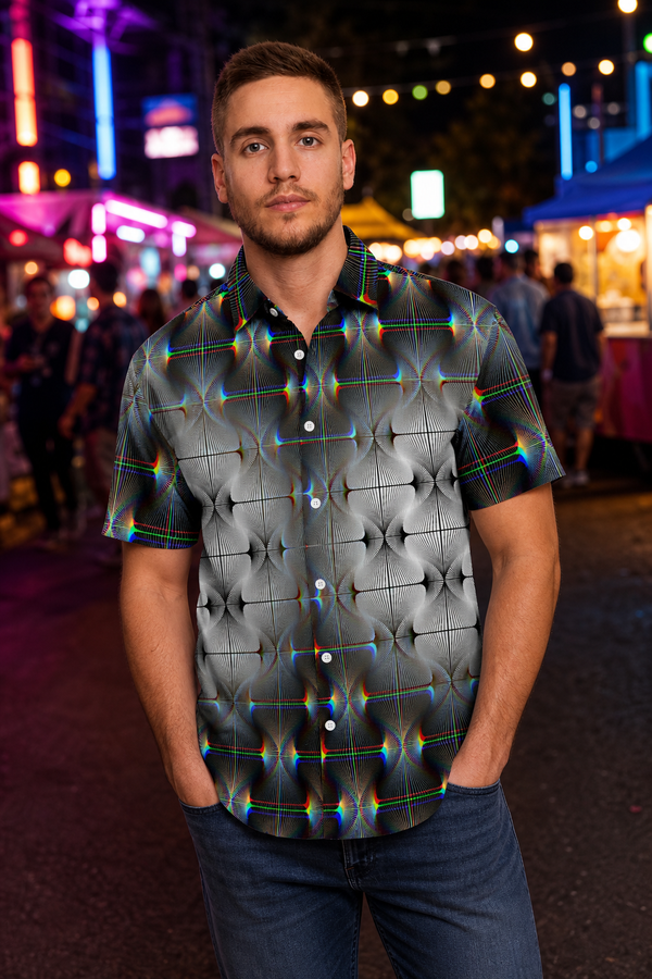 Trypswitch Button Down Shirt, Psychedelic Short Sleeve Festival Shirt, Visionary Streetwear, Trippy Wearable Art - lifestyle angle 1: hero front night market