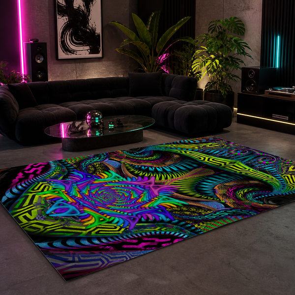 Primordial Psychedelic Area Rug, Neon Black Visionary Art Carpet, Festival Lounge Floor Rug