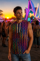 Rainbow Healing Hooded Tank Top, Psychedelic Sleeveless Festival Shirt, Neon Visionary Rave Top, Wearable Art Tank - lifestyle angle 1: hero front festival