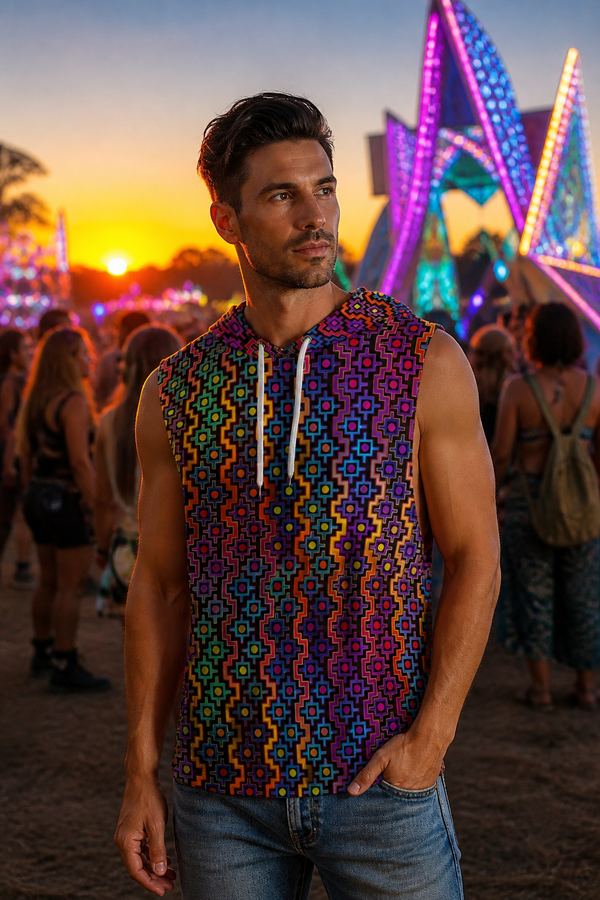 Rainbow Healing Hooded Tank Top, Psychedelic Sleeveless Festival Shirt, Neon Visionary Rave Top, Wearable Art Tank - lifestyle angle 1: hero front festival